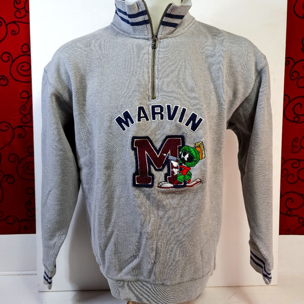 Marvin The Martian Warner Bros WB Studio Men Sweater Med Grey Vtg 1998